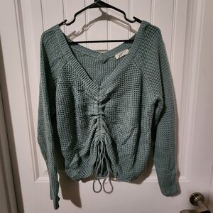 Full Circle Trends Sweater 1 XL Green Cropped Preppy Cinched Waffle Knit Top